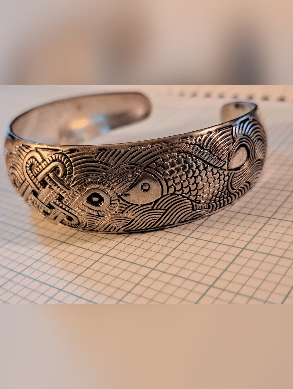 Intricate Silver-Tone Celtic Eternity Knot Fish Engraved Cuff Bracelet